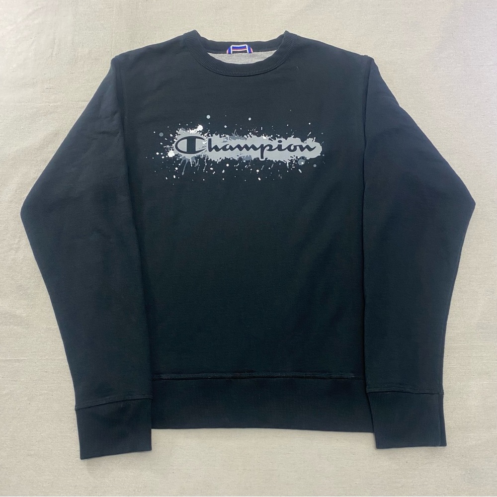 Champion Mens S Black Sweatshirt Pullover Crew Neck Paint Splatter Graphic Print